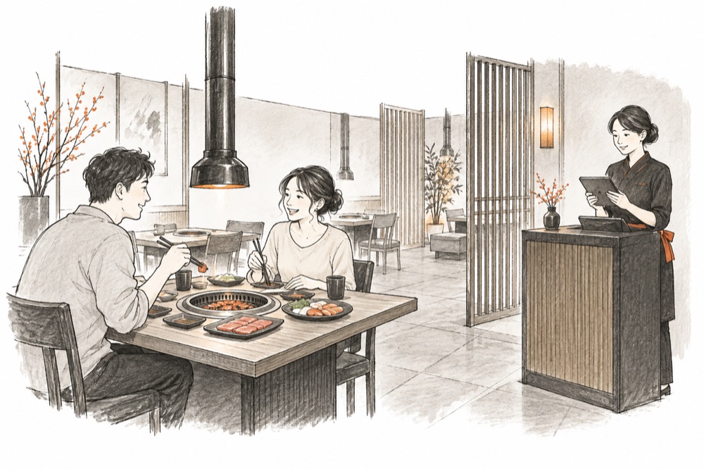燒肉餐廳接待情境手繪示意圖