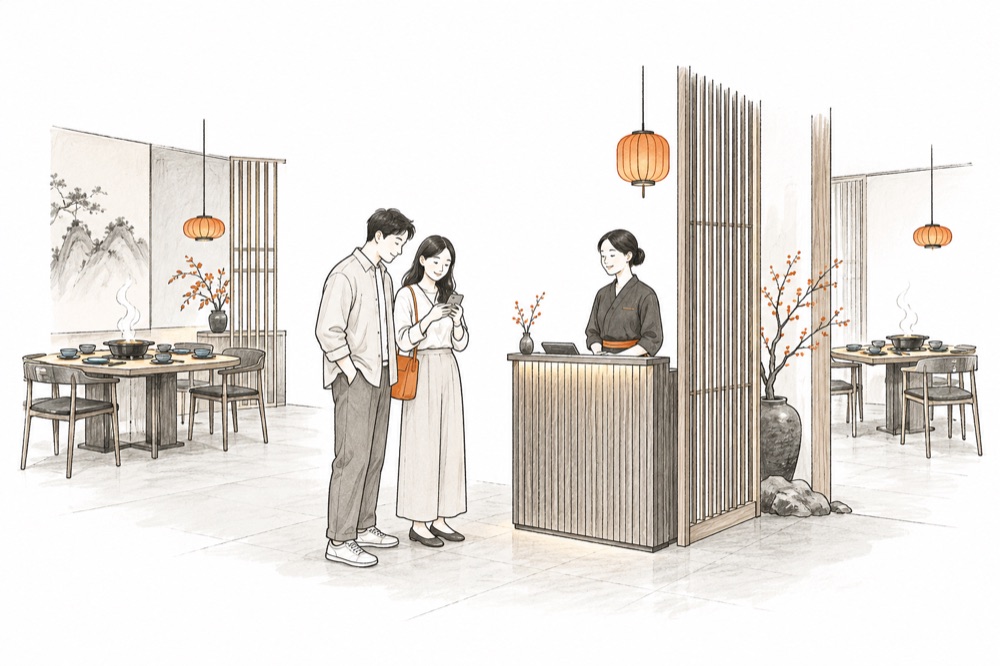 火鍋餐廳接待情境手繪示意圖