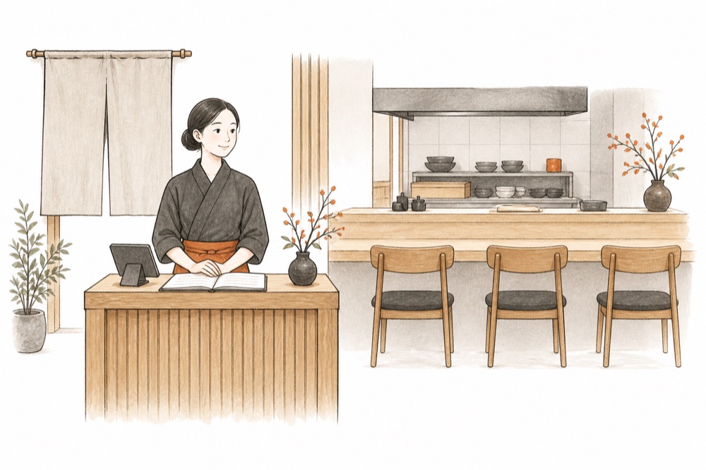 日式料理餐廳接待情境手繪示意圖